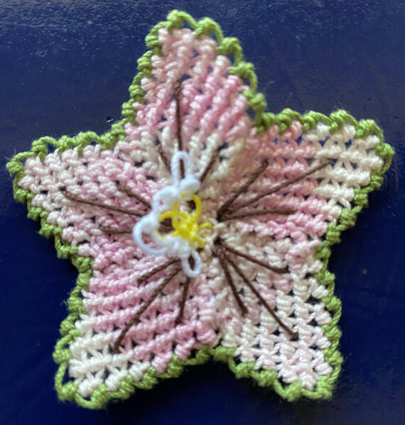 Suzanne's beautiful scarf flower from the virtual class with Lace Museum in Sunnyvale, California.