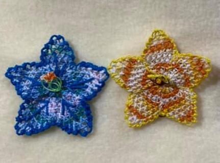 Kyomi's continued making more scarf flowers after the Virtual Class with Lace Museum in Sunnyvale, California. She plans to add it as a decoration to her phone.